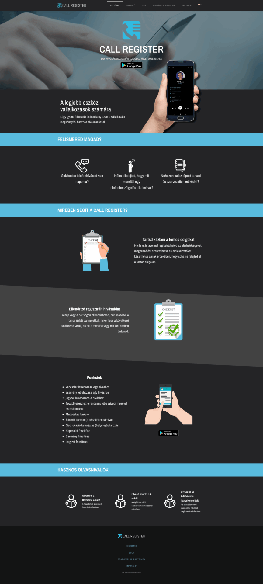 CallRegister weboldal fejlesztés