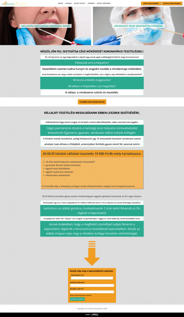 Koronavírustesztelés weboldal fejlesztés