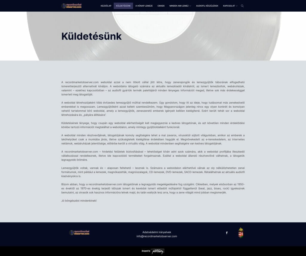 Recordmarketobserver.com weboldal fejlesztés